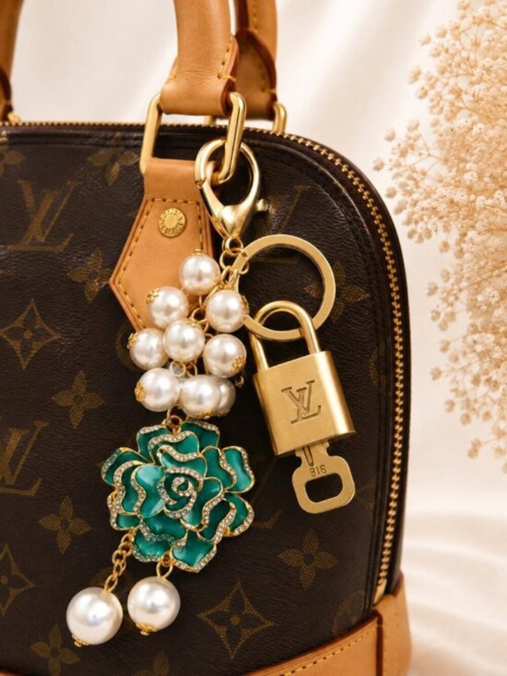 Authentic Louis Vuitton Gold Lock & Key ✨ Unbranded Flower Bag Charm Keychain